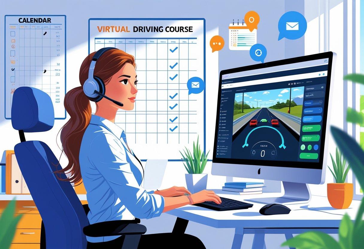 A virtual assistant working at a computer with driving simulation software in a bright home office surrounded by icons representing tasks and a calendar showing a busy schedule.