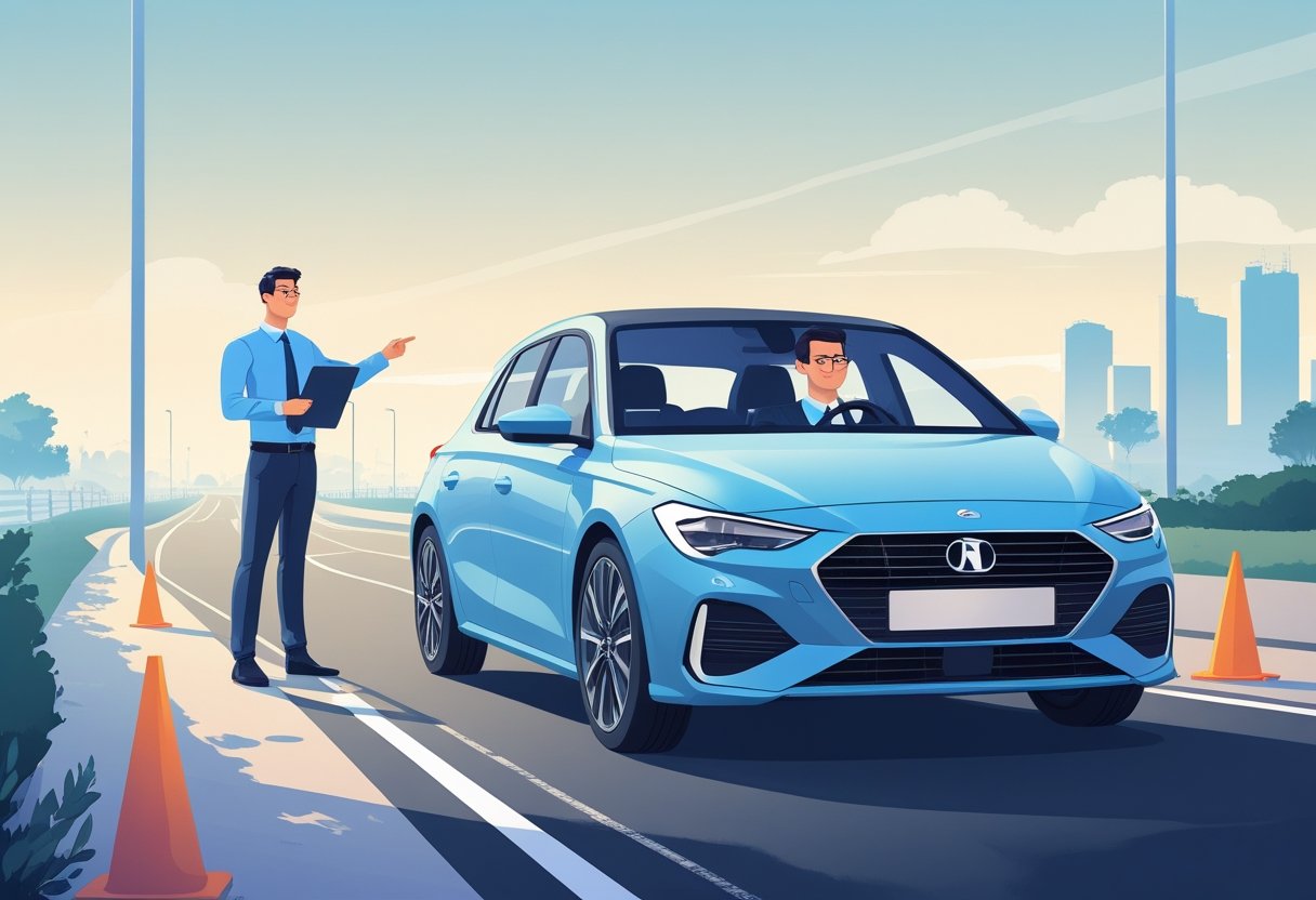 A lawyer in business clothes driving a car with an instructor standing outside, pointing towards the road on a quiet urban driving course.