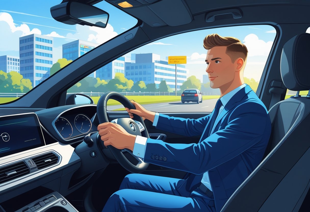 A lawyer in business clothes driving a car with a driving instructor beside them, set against a city background.