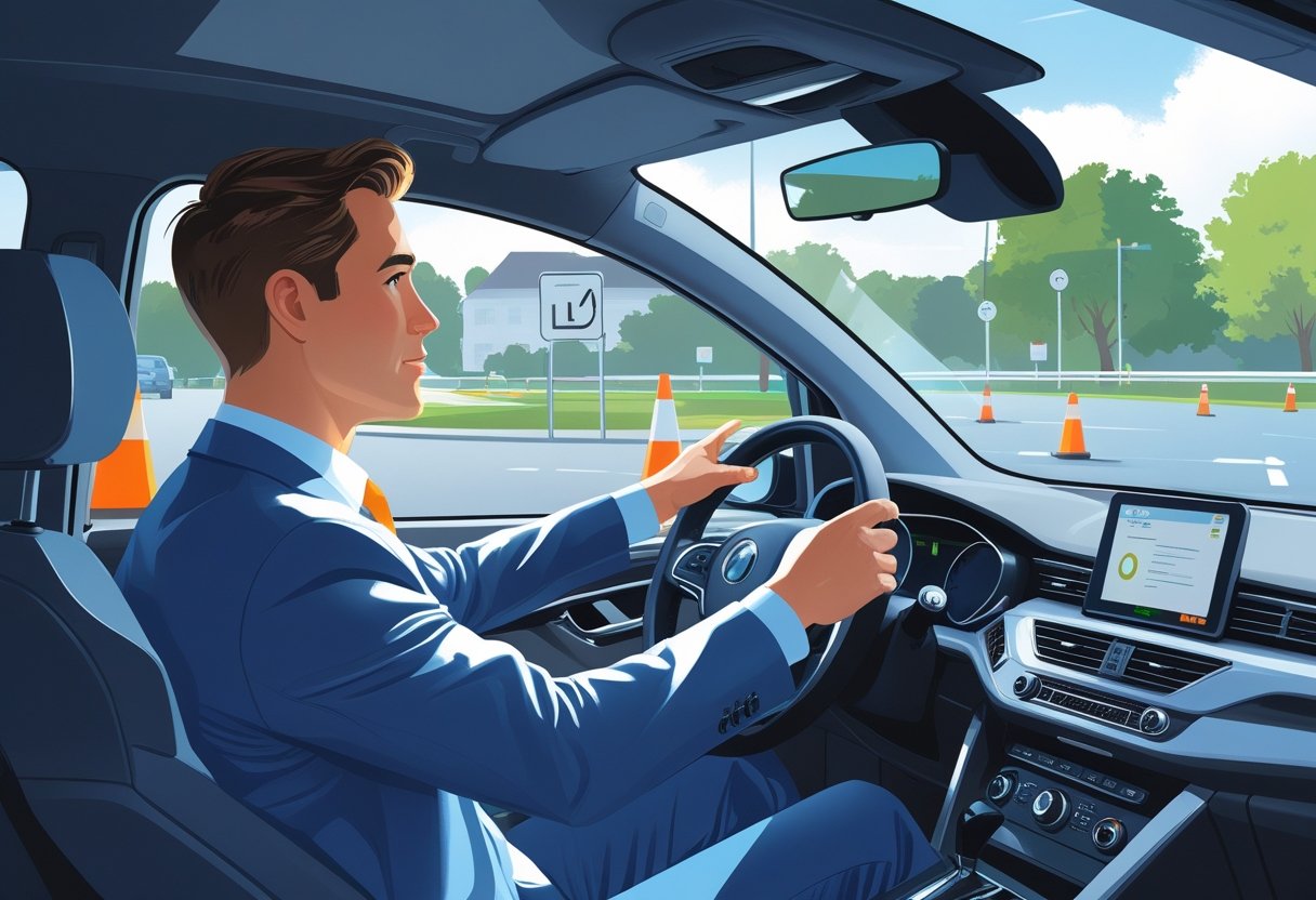 A lawyer in a car with a driving instructor on a driving course, surrounded by traffic cones and road signs.