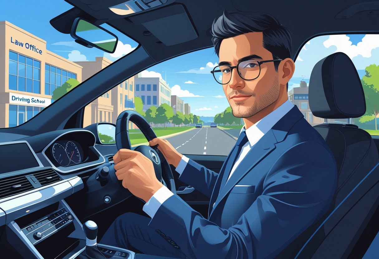 A lawyer in business attire sitting in the driver's seat of a car, ready to drive, with a cityscape and driving school sign in the background.