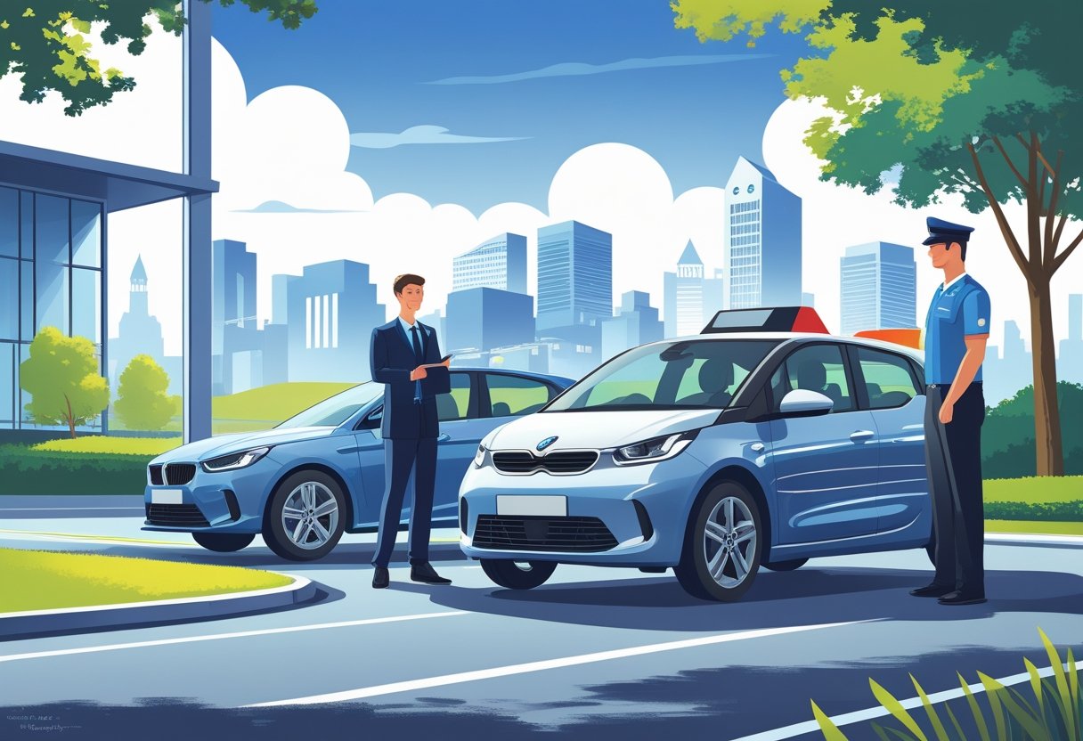 A solicitor standing next to a car with a driving instructor in a city setting featuring legal buildings in the background.