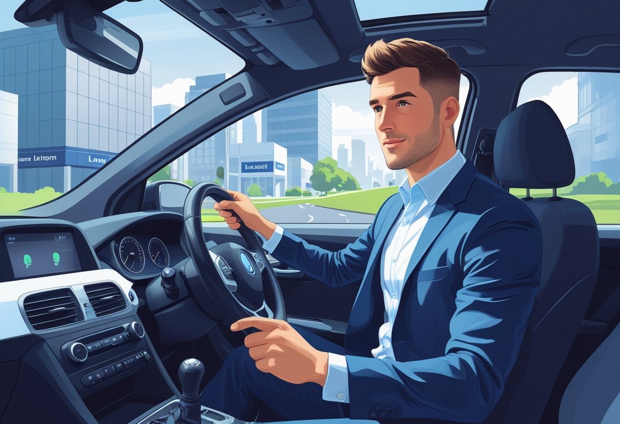 A solicitor in business clothes sitting in a car with a driving instructor beside them, set against a city background with office buildings.