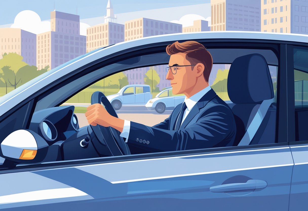 A solicitor in business clothes driving a car with a driving instructor beside them, with legal buildings in the background.