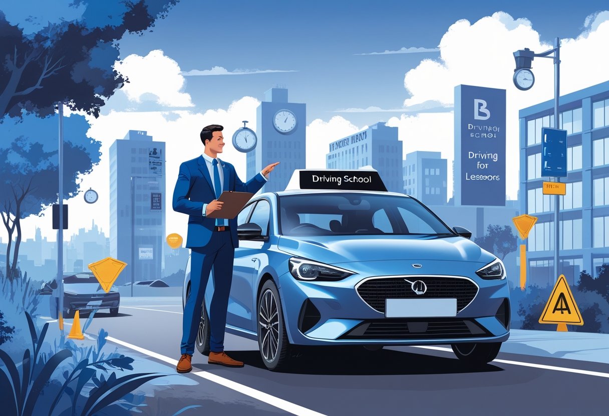 A solicitor talking with a driving instructor next to a car in a city setting, surrounded by symbols of legal work and driving challenges.