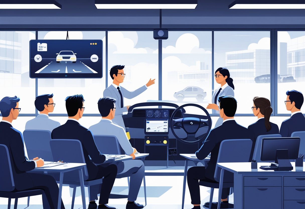 A group of solicitors in business clothes attending a driving course with an instructor in a classroom and one solicitor practising driving in a simulator outside.
