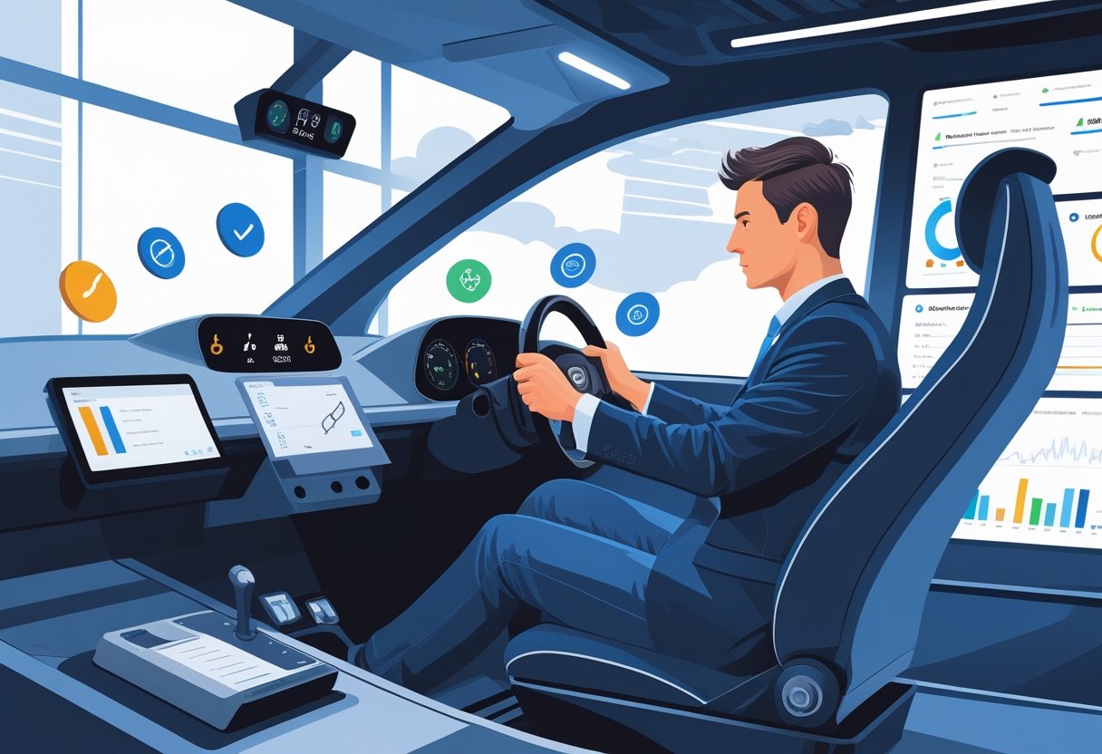 A business consultant using a driving simulator in a modern office, focused on learning with performance charts visible in the background.