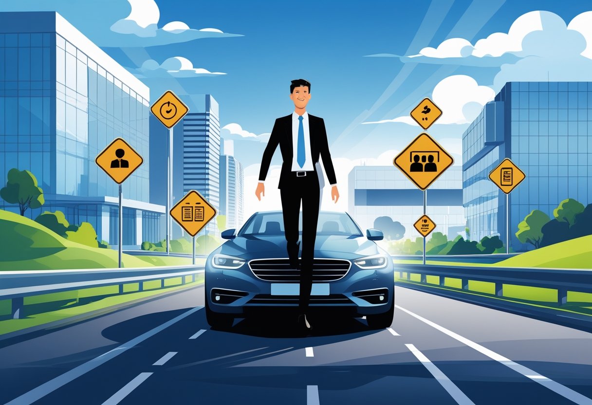 A consultant driving a car on a winding road through a city, surrounded by symbols representing challenges and support in consulting.