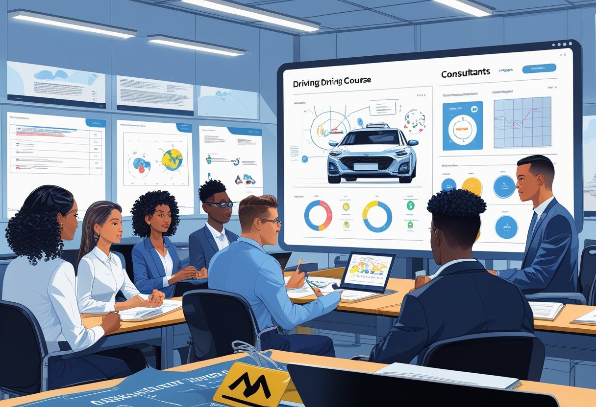 A group of consultants attending a driving course in a modern classroom, with an instructor demonstrating driving techniques using a car model.