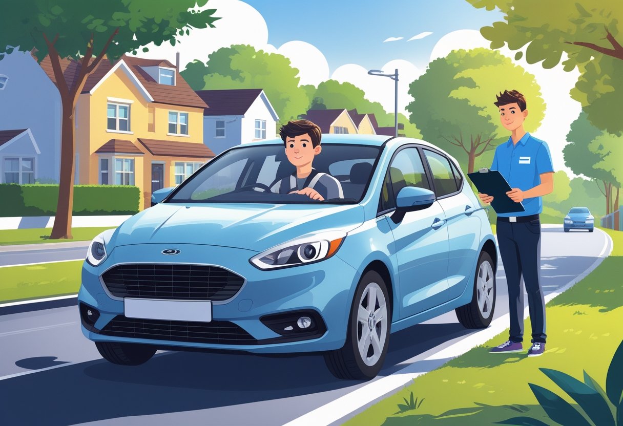 A teenage learner driver behind the wheel of a car with a driving instructor standing outside on a quiet suburban road.