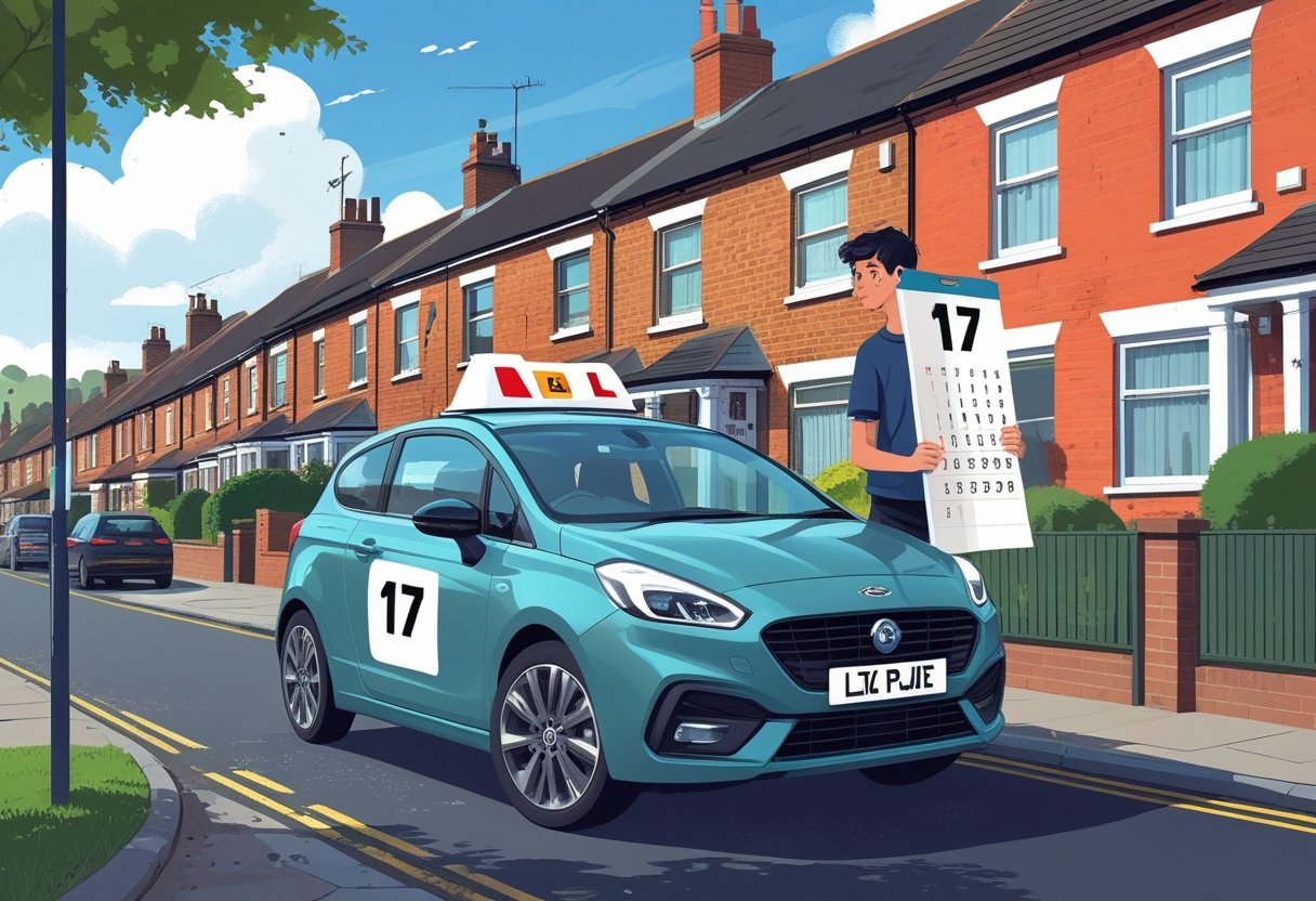 A young person standing beside a learner driver car on a UK suburban street, looking at a calendar with the number 17 circled.