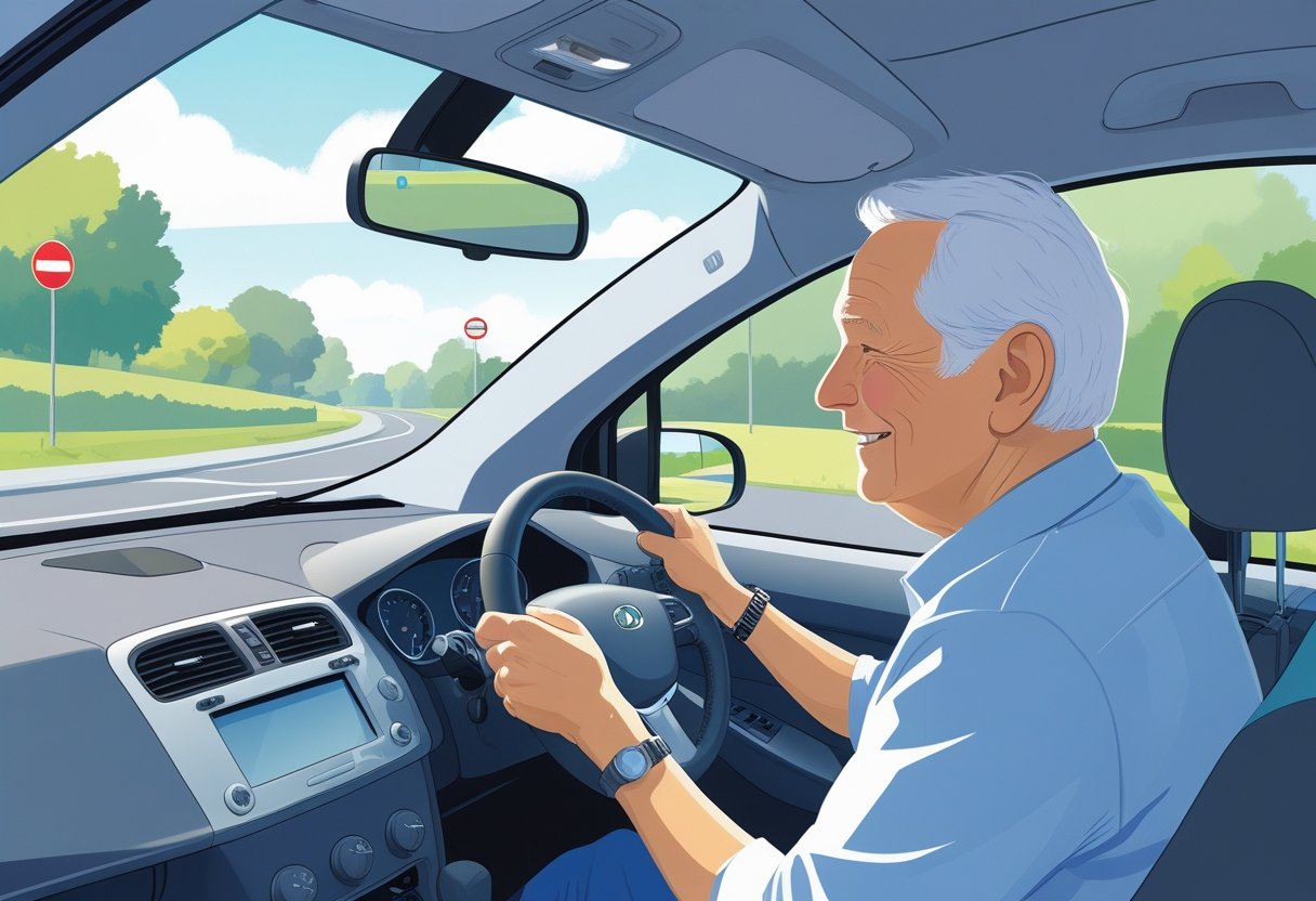 An older adult learning to drive with a driving instructor in a car on a quiet suburban street.