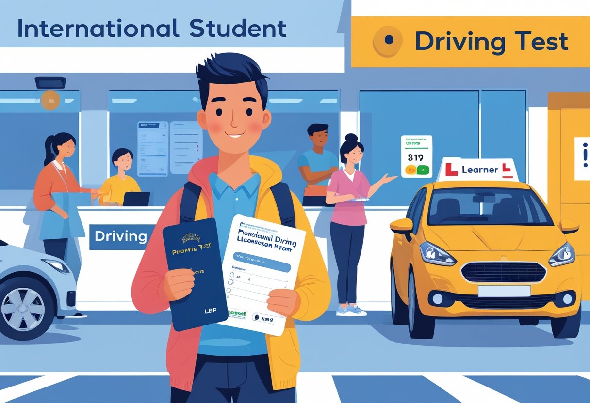 An international student holding a provisional driving licence application form and passport outside a driving test centre with a driving instructor nearby.