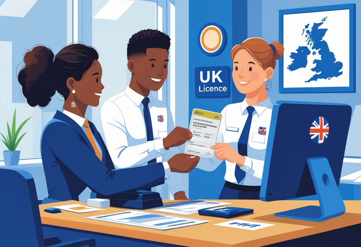 A person handing over an international driving licence to an official at a UK driving licence office.