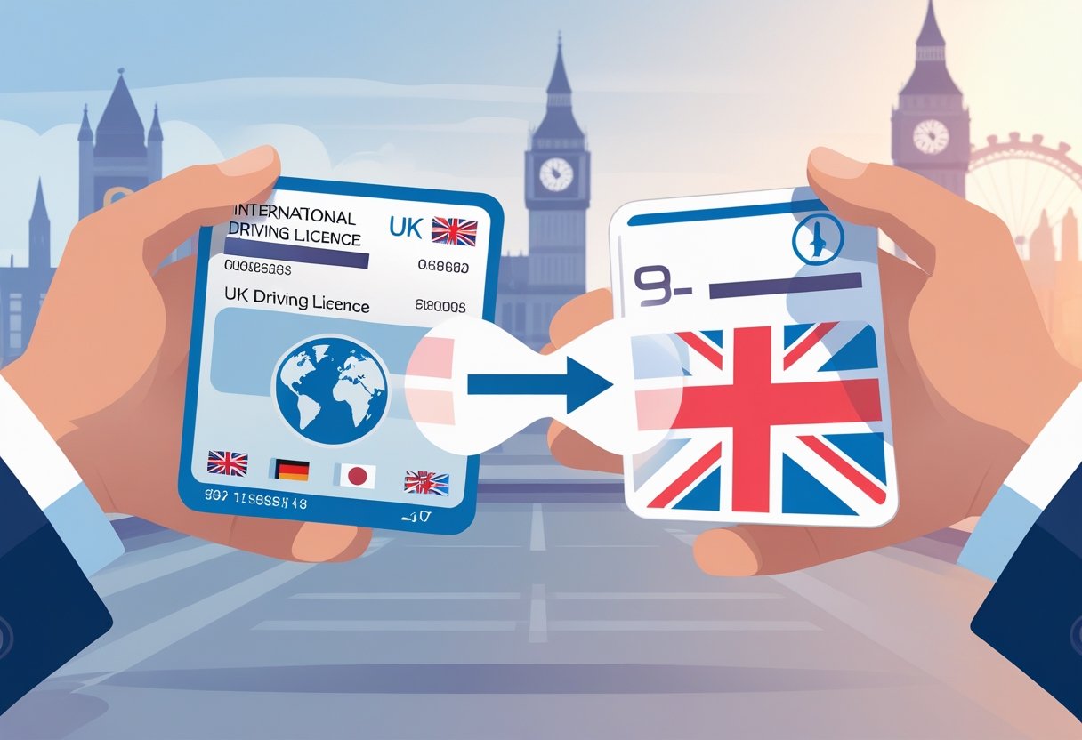 Two hands exchanging driving licences, one international and one from the UK, with a background showing UK landmarks.