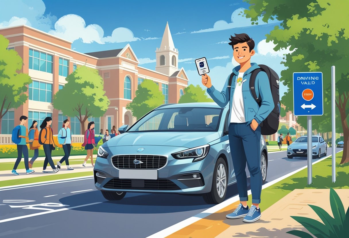 An international student holding a driving licence and car key standing next to a car near a university campus with a road sign in the background.