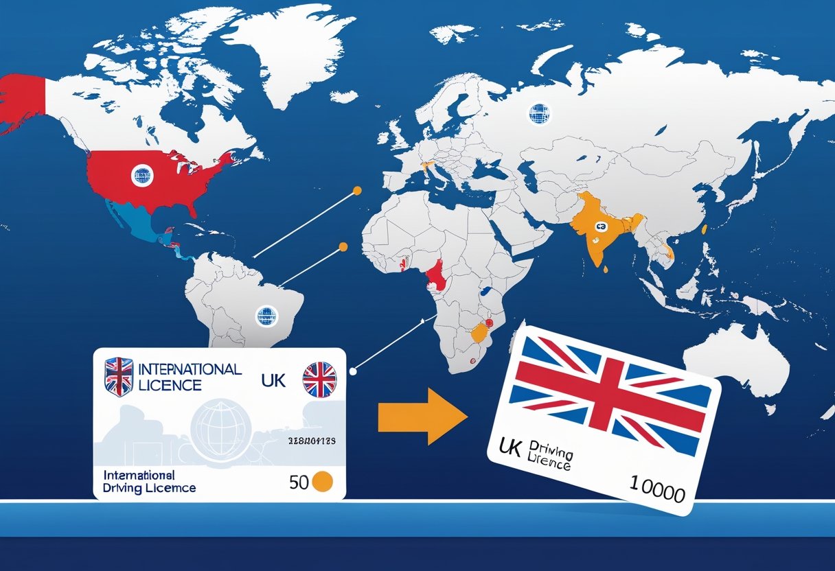 An illustration showing a world map with recognised countries highlighted and a visual transition from an international driving licence to a UK driving licence.