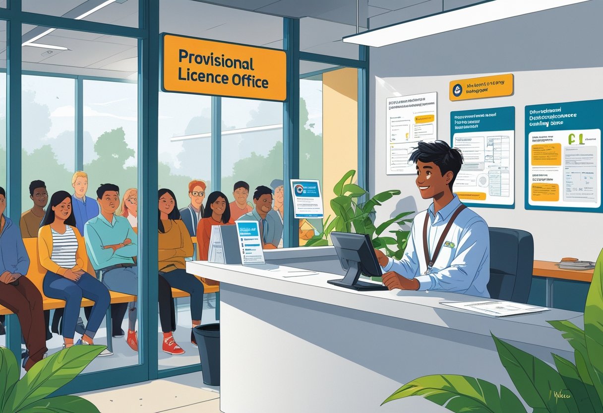 An international student speaking with a driving licence official at a service counter in a driving licence office.