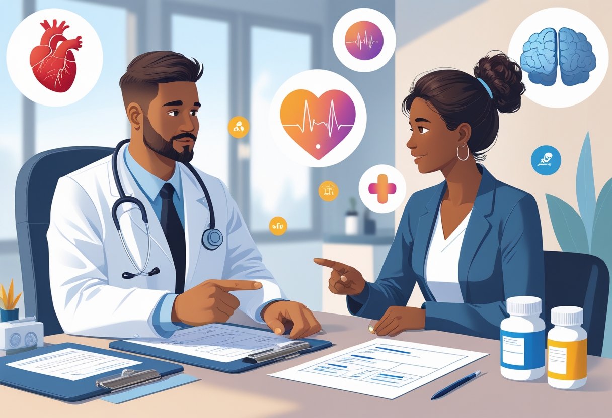 A doctor and patient discussing medical information in a clinic, with medical symbols representing heart, brain, eyes, and medication nearby.