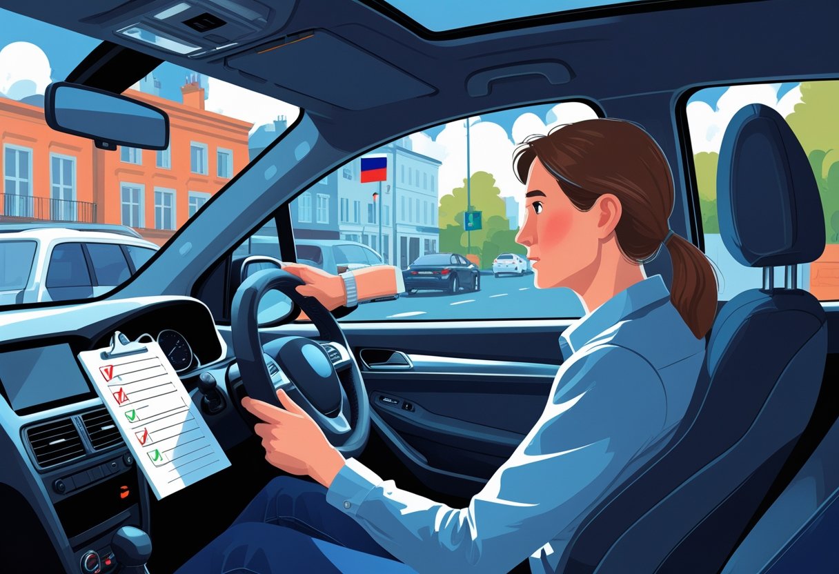 An adult supervising a learner driver inside a car in a European city, with the adult holding a clipboard and the learner focused on driving.