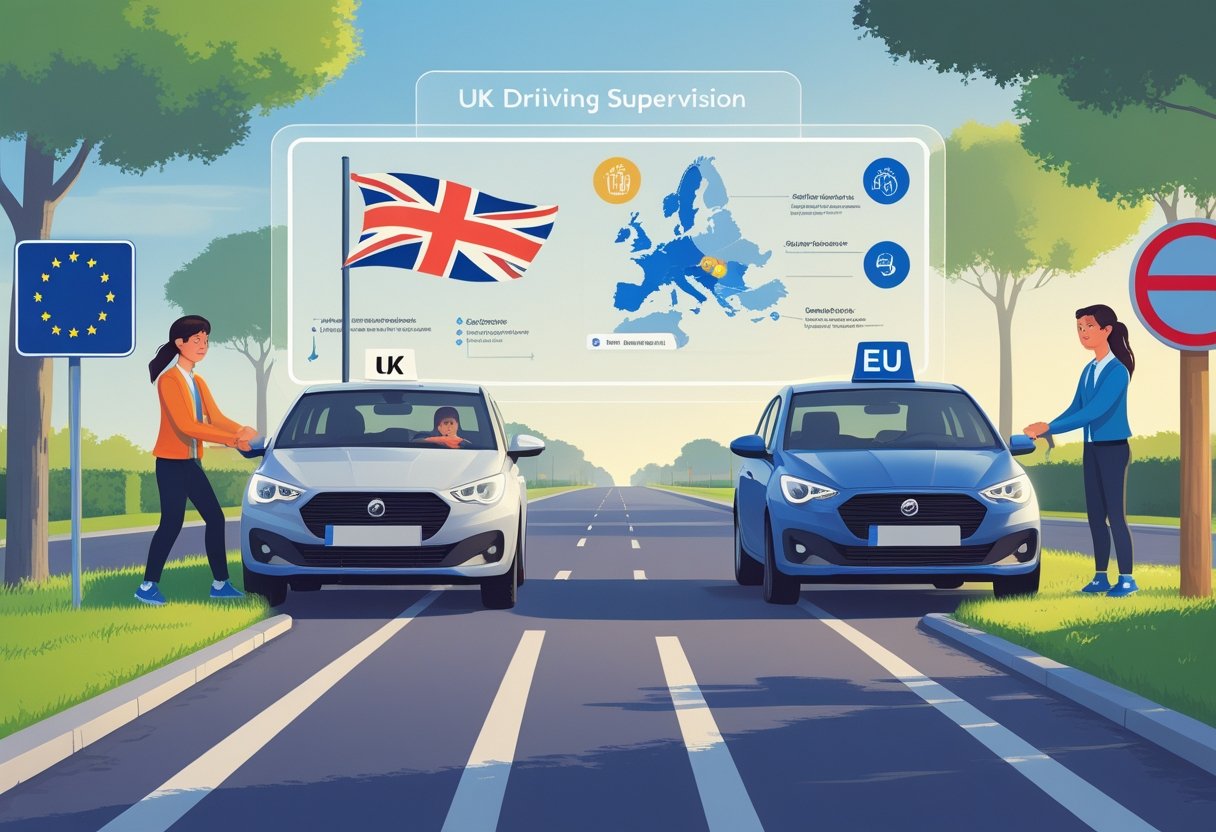 Two learner drivers being supervised in cars, one representing the UK and the other the EU, with a map showing the UK and EU regions between them.