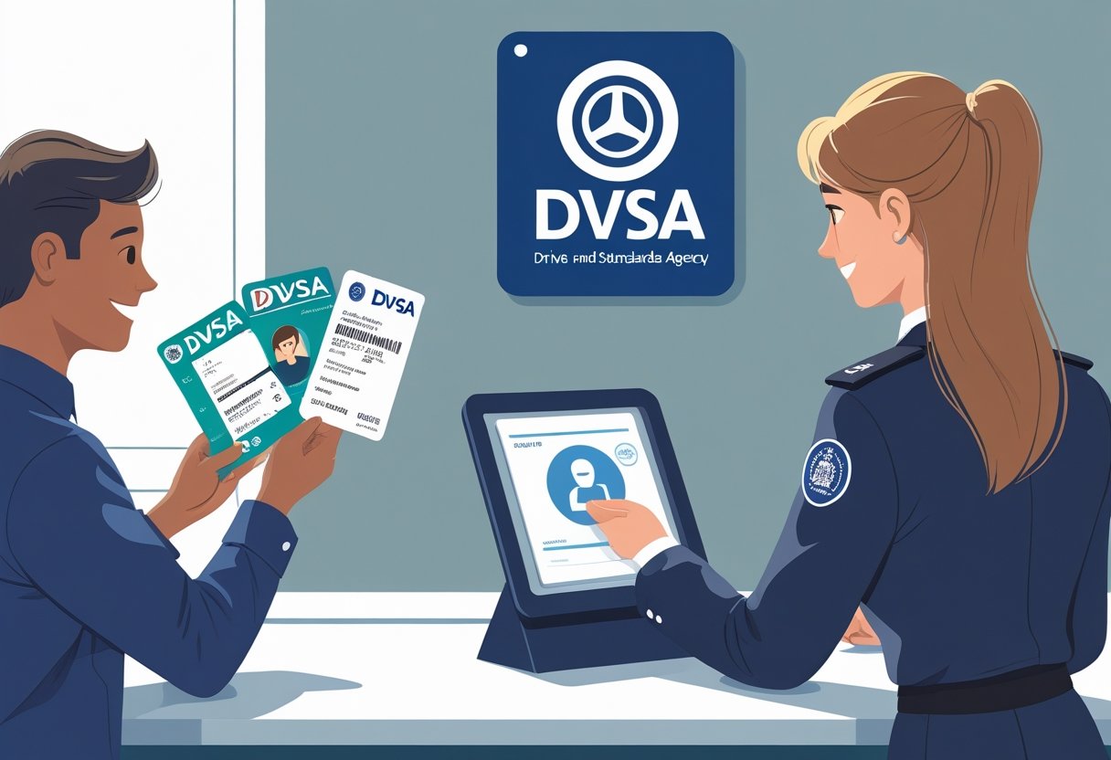 A person showing a driving licence and passport to a DVSA official at a government office counter.