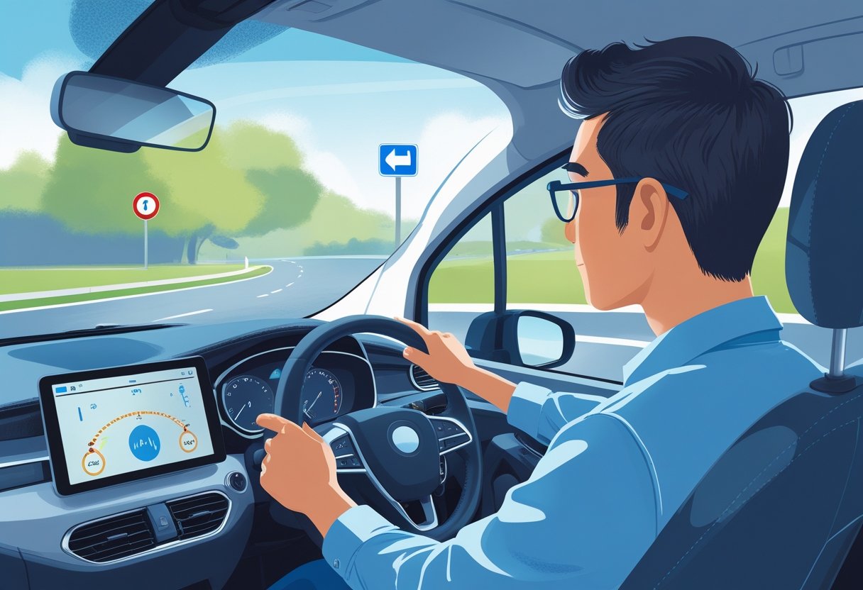 A learner driver wearing glasses sits in a car with a driving instructor pointing ahead on a clear suburban road.