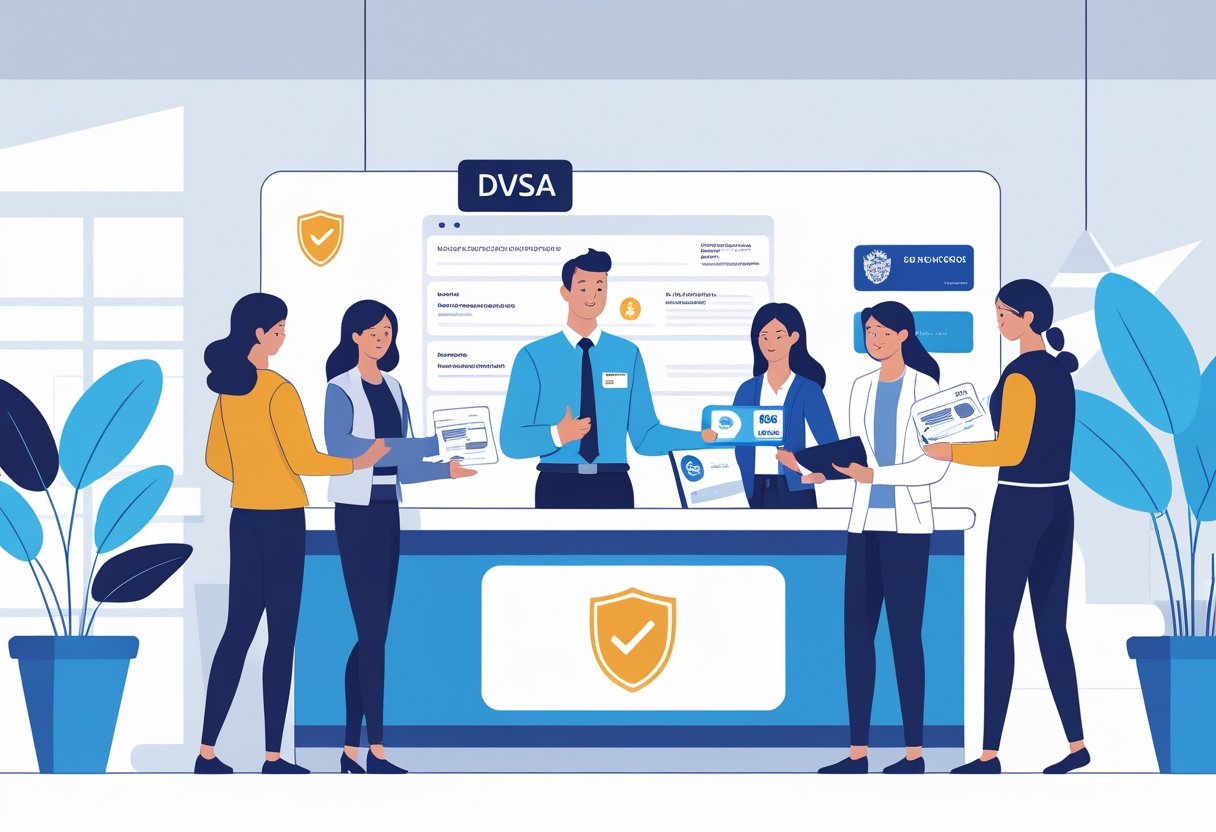 A DVSA officer at a service desk receiving identity documents from people, including a driver’s licence and passport, in a modern office setting.