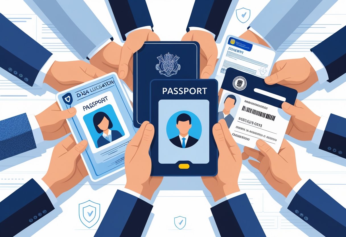 Hands holding different identity documents including a passport, driver's licence, and national ID card in an office setting.