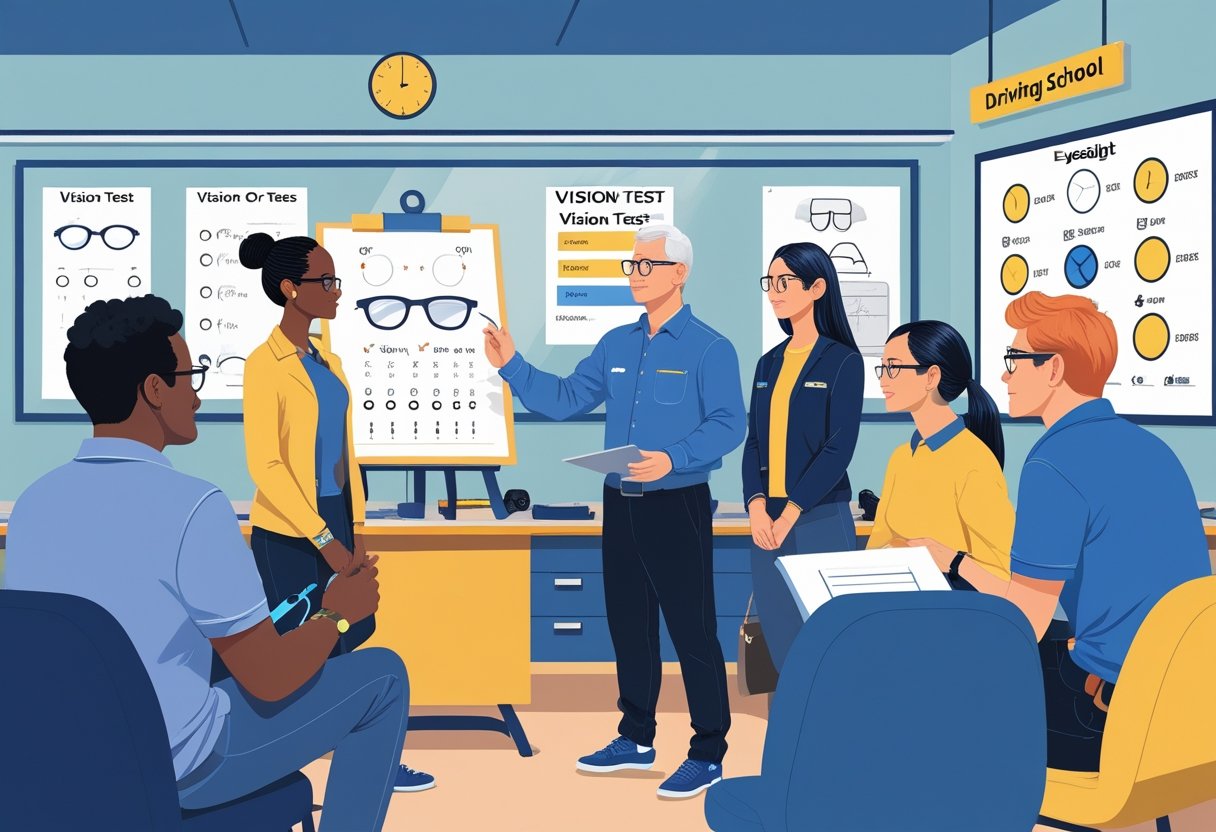 A group of people in a classroom learning about vision standards for driving, with an instructor showing eye charts and glasses.