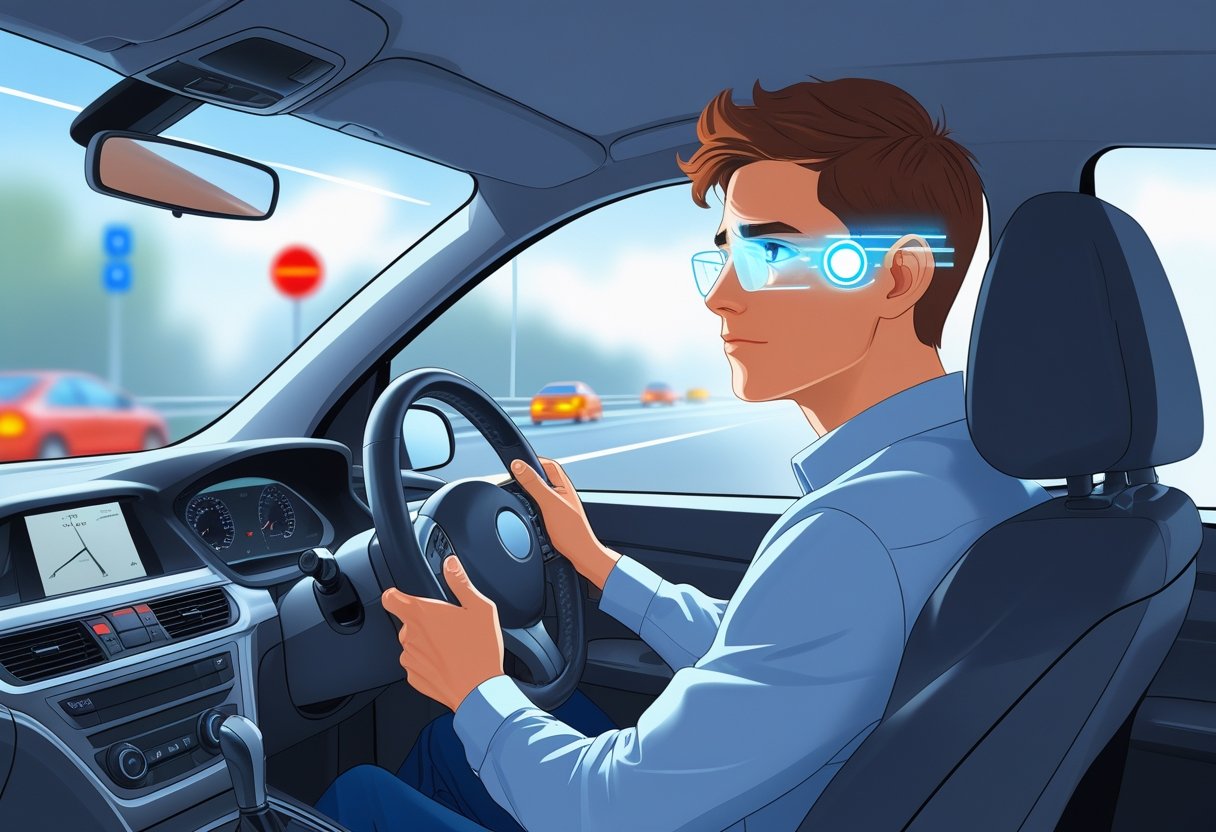 A young adult sitting in a car driver's seat, looking focused with blurred road and traffic signs visible outside the window, illustrating vision challenges while driving.