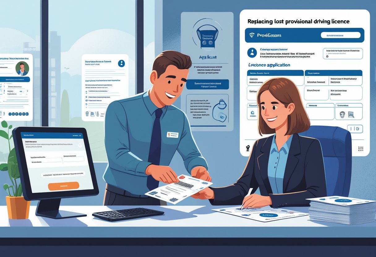 A young adult at a government office counter handing documents to a clerk to replace a lost provisional driving licence.