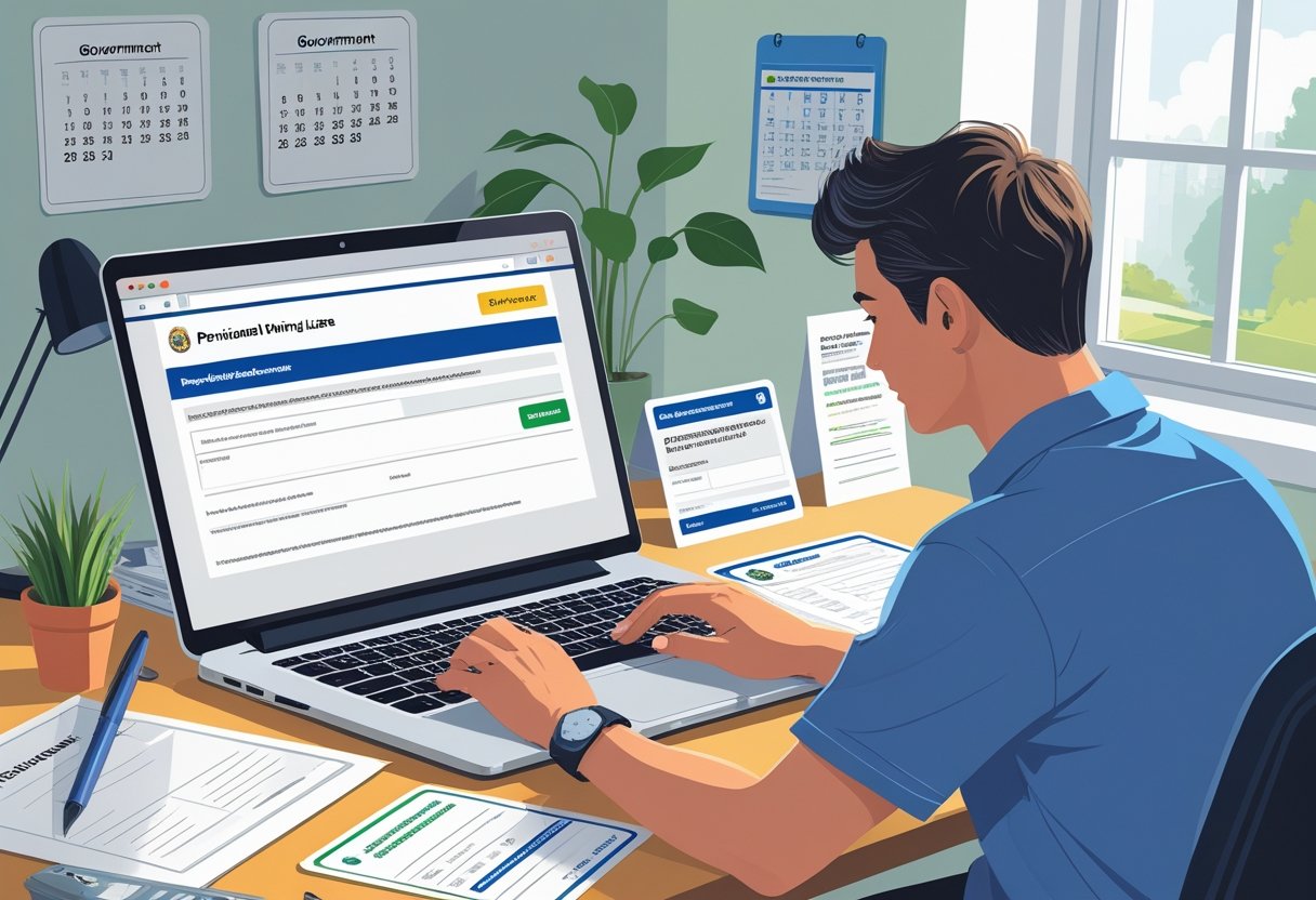 A person sitting at a desk using a laptop to update their provisional driving licence address, with documents and a licence card nearby in a bright home office.