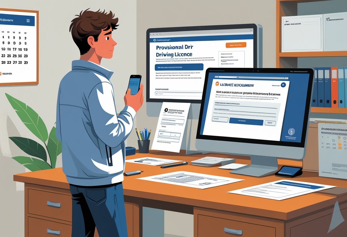 A young driver at a desk with documents and a computer, making a phone call to replace a lost or stolen provisional driving licence.