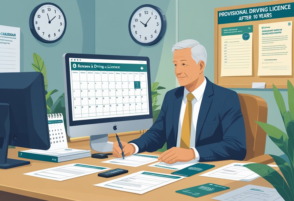 A person sitting at a desk reviewing documents and a calendar showing a 10-year period, with a driving licence card and office items around them.