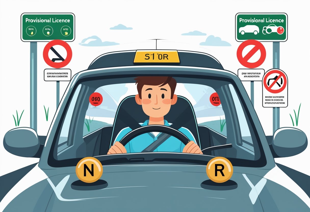 A young driver in a car with a provisional licence card on the dashboard, surrounded by symbols showing allowed and prohibited driving actions.