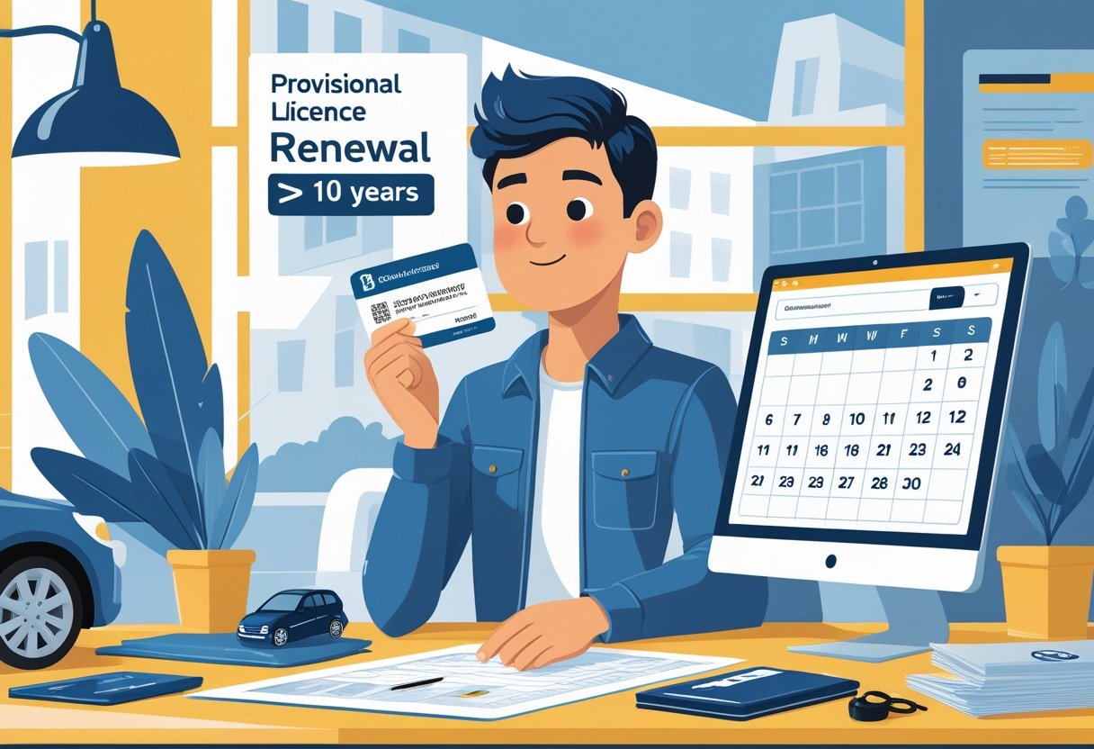 A young adult holding a provisional driving licence next to a calendar and paperwork, with a government office building in the background.