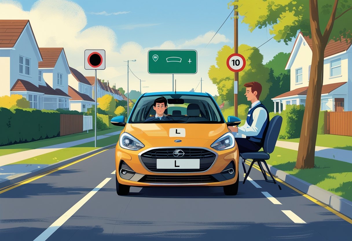 A young provisional licence driver practising driving with an instructor on a suburban road with clear road signs and a pedestrian crossing.