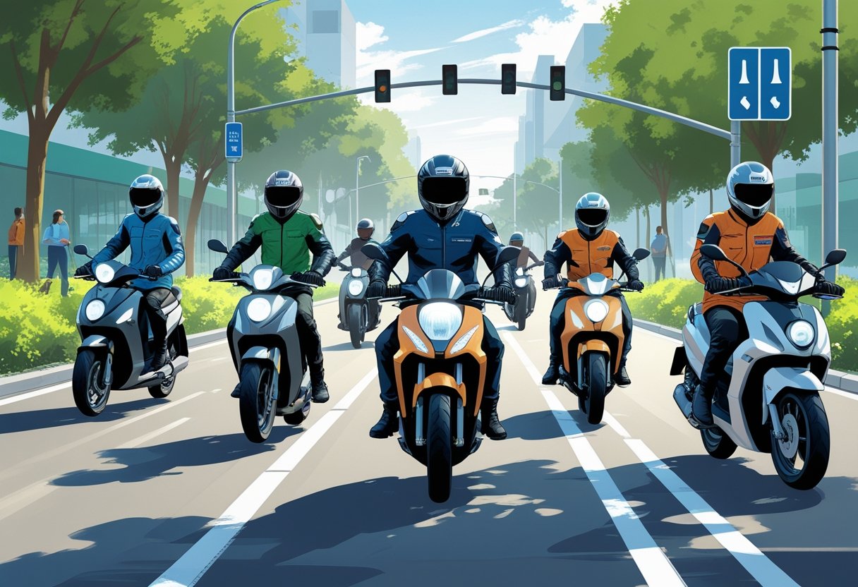 A group of motorcycle and moped riders wearing protective gear riding carefully on a city street with traffic lights and road markings.