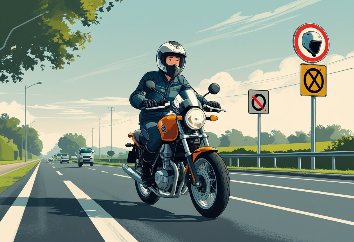 A young motorcycle rider wearing protective gear riding carefully on a suburban road with traffic signs visible nearby.