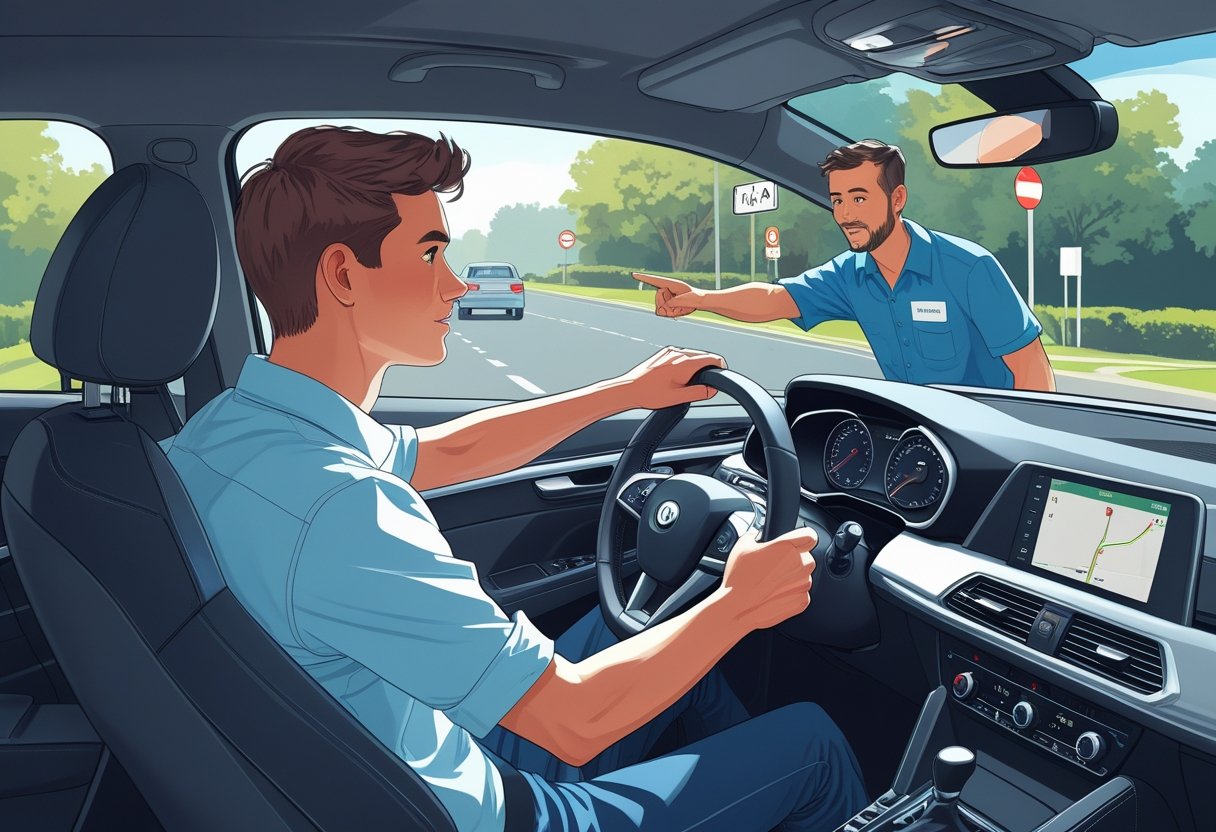 A young adult in the driver's seat of a car with a driving instructor standing outside pointing towards the road.