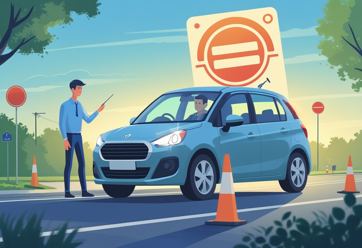 A learner driver sitting in a car with a driving instructor beside them on a quiet suburban street with traffic cones and road signs.
