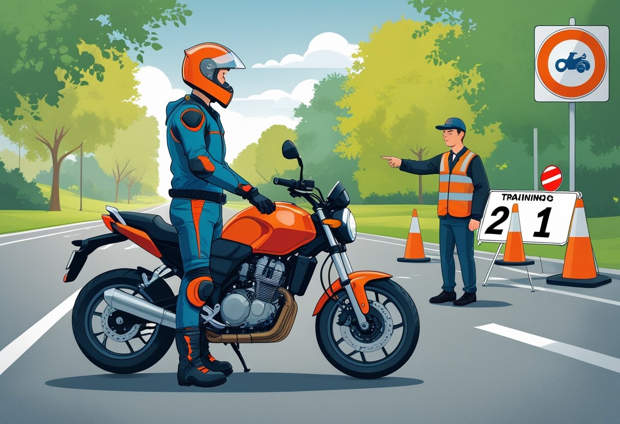A person in motorcycle gear standing beside a motorcycle on a suburban road with an instructor pointing towards a training area with cones and road signs.