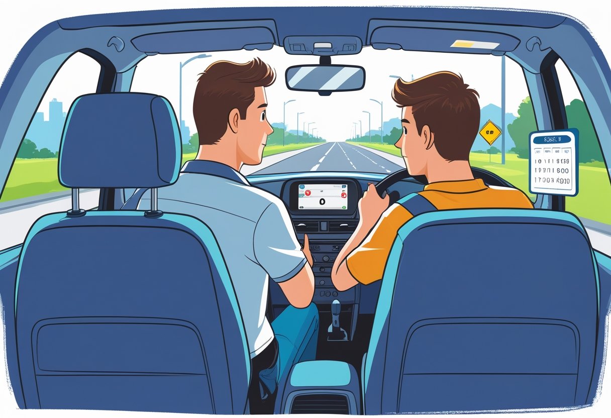 An adult supervising a teenage learner driver inside a car on a suburban road, showing a responsible driving lesson.