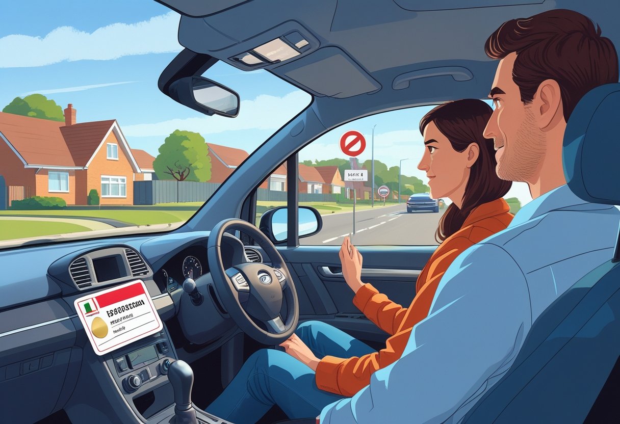 A learner driver in a car being supervised by an adult holding a foreign driving licence on a quiet suburban street.