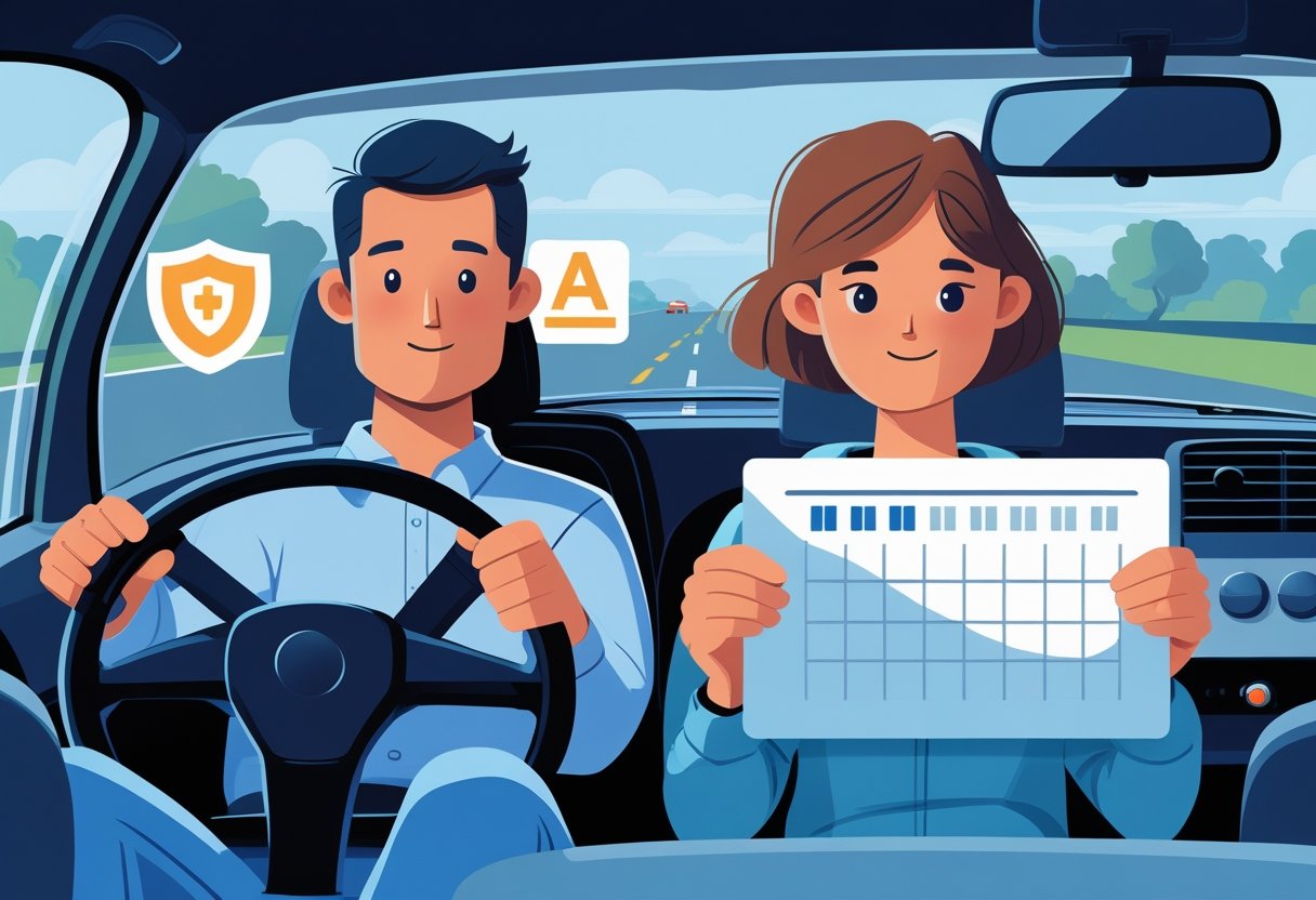 An adult supervising driver and a learner driver sitting in a car on a suburban road, with symbols representing insurance and age restrictions in the background.