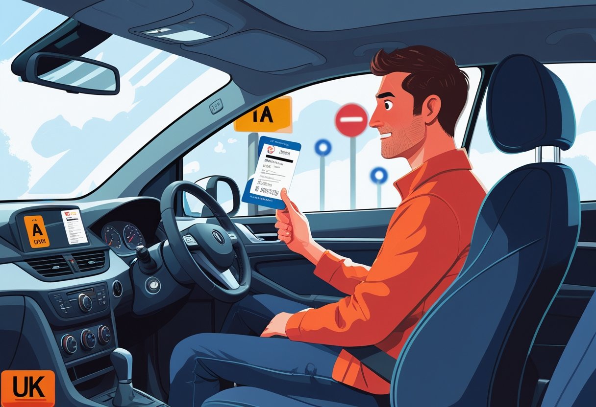 A learner driver in a car with a supervising adult holding a UK driving licence, with UK road signs visible outside.