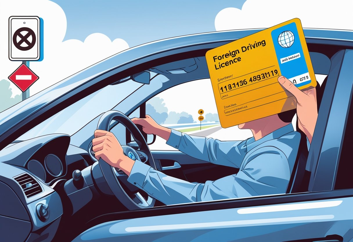 A learner driver in a car being supervised by an adult holding a foreign driving licence on a quiet suburban street.