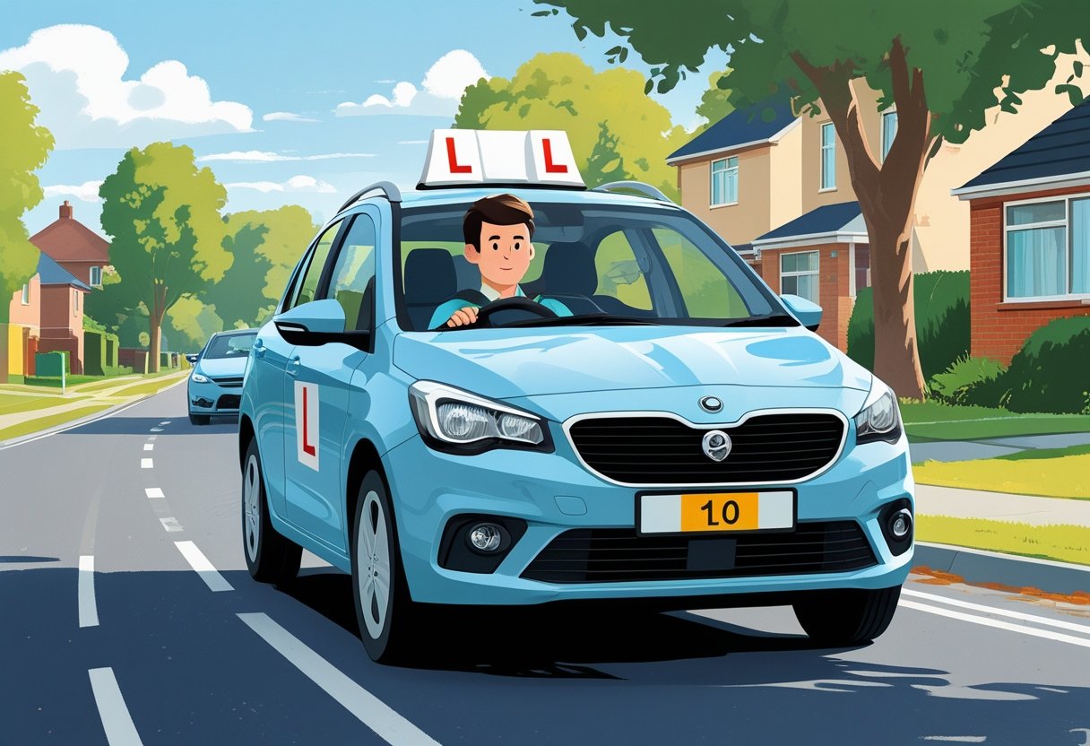 A young driver in a car displaying L-plates on the front and back, driving on a quiet suburban street.