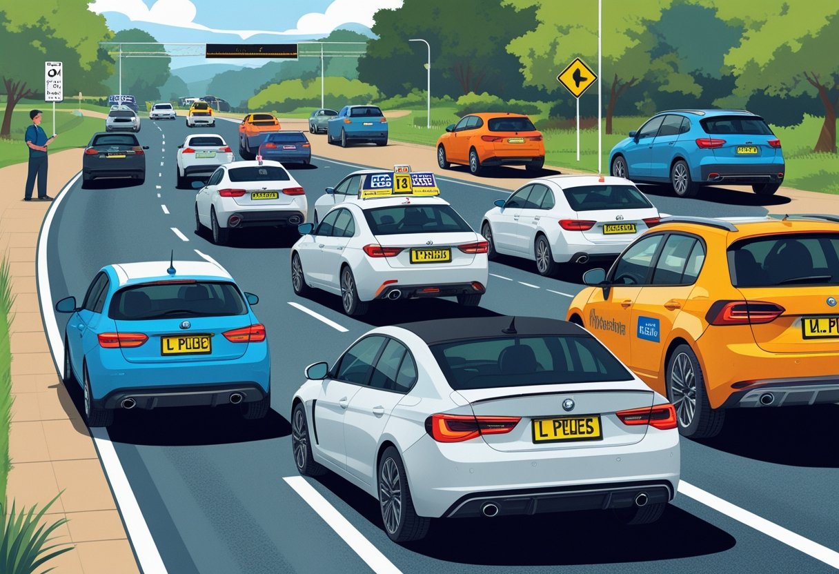 Various cars on a road showing different styles of L-plates and provisional licence plates representing regional differences.